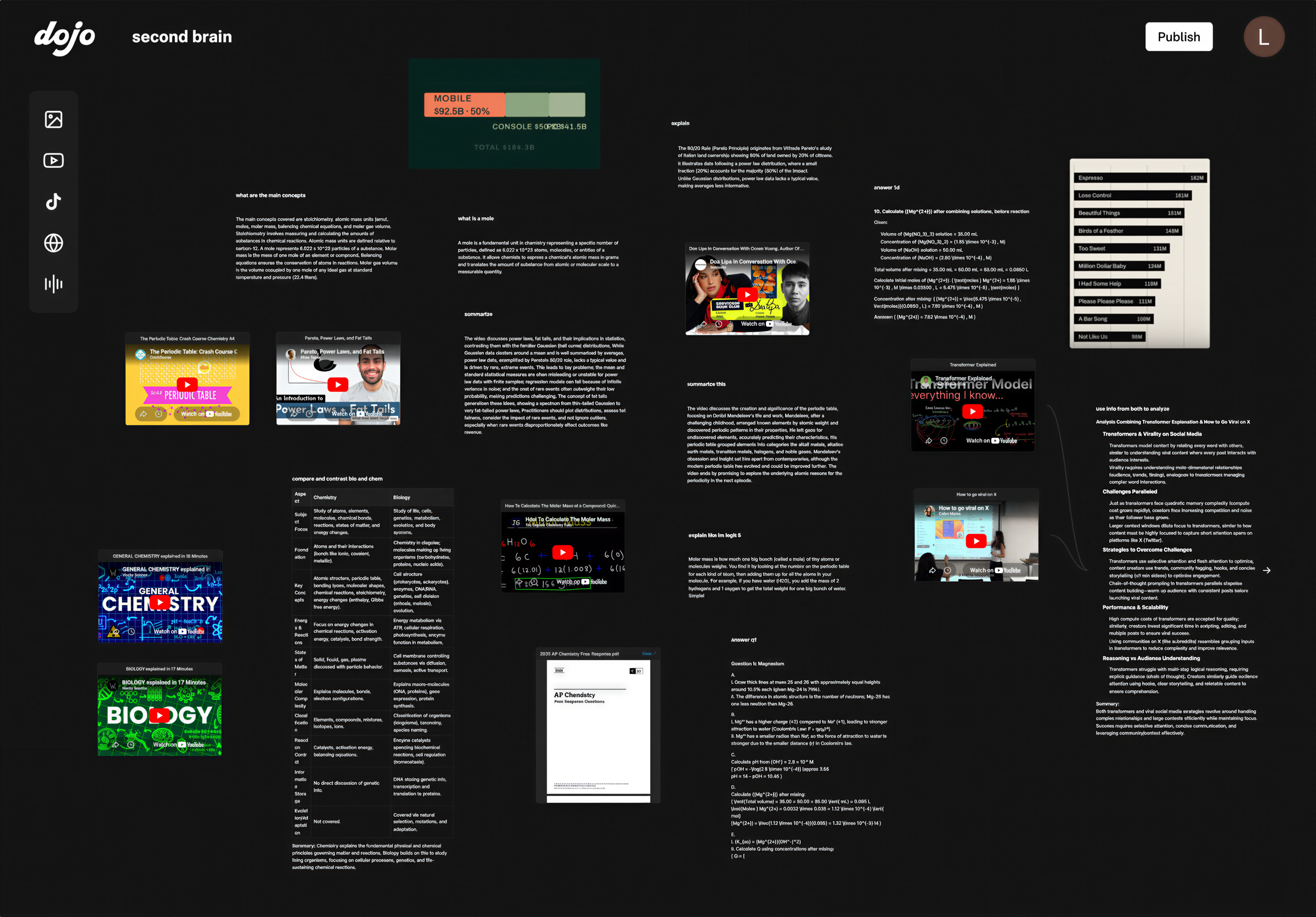 A Dojo canvas holding videos, PDFs, and notes connected on one surface